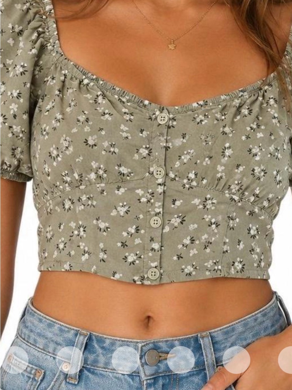 Hollister Sage Green Floral Button-Front Crop Top
